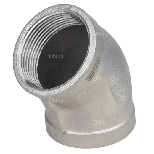 Отвод (полуотвод) DN.ru ВР-ВР-304 1/2″ Ду15 Ру16 угол 45°, корпус - нержавеющая сталь 304, присоединение - внутренняя / внутренняя резьба